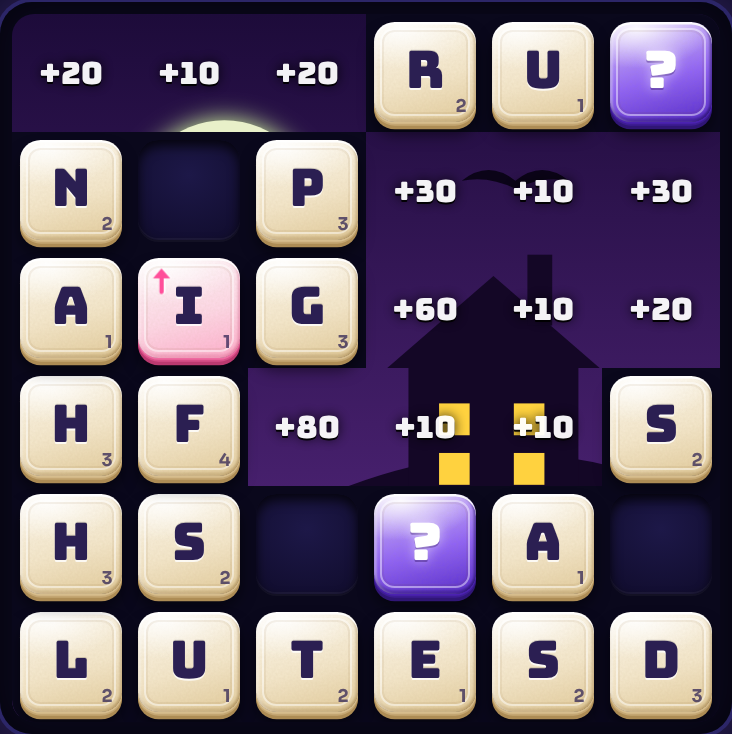 A Quiver Words board with letter tiles, an arrow tile and part of a hidden picture showing through